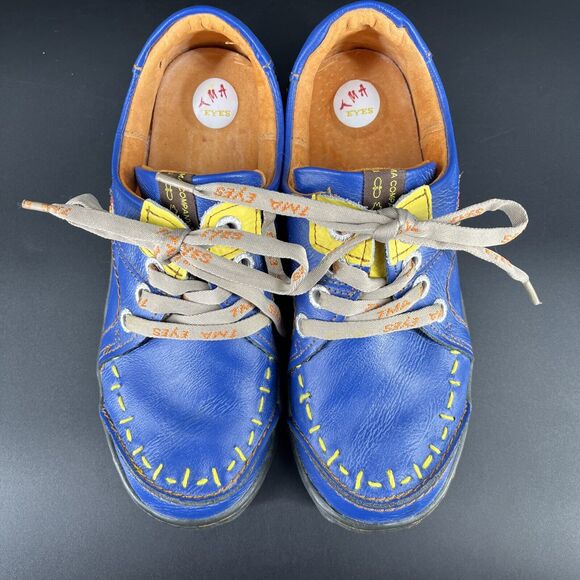 TMA Eyes Time Blue Leather Lace Up Sneakers Women’s 7 Yellow Stitching Shoes - Picture 3 of 16